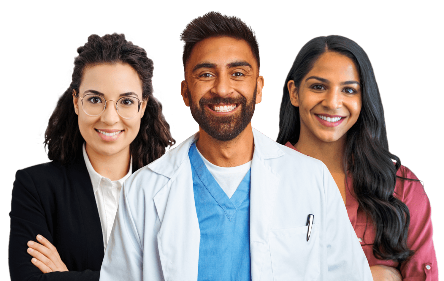A team of three smiling dentists