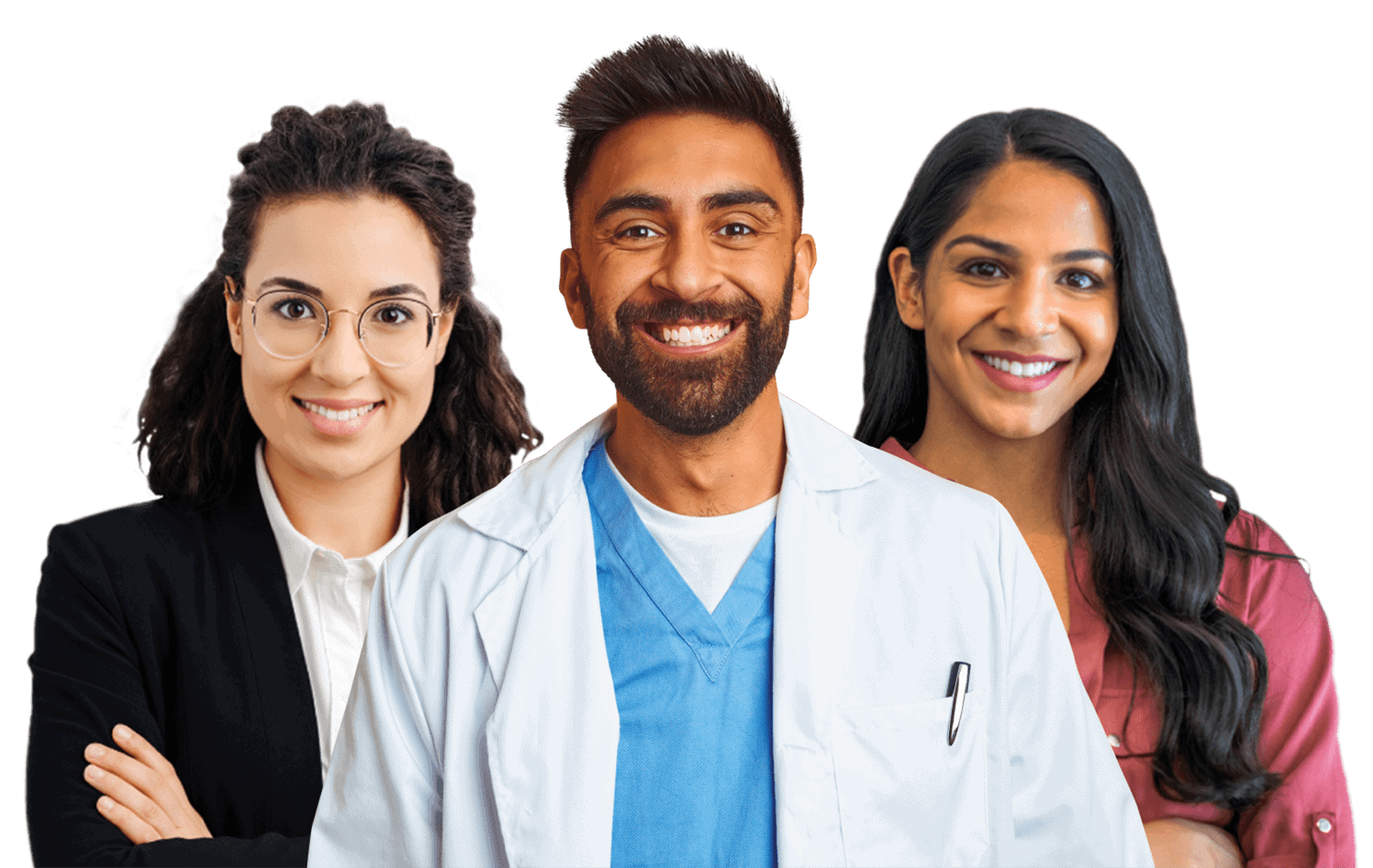 A team of three smiling dentists