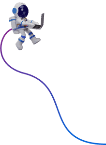 A tethered astronaut working on a laptop