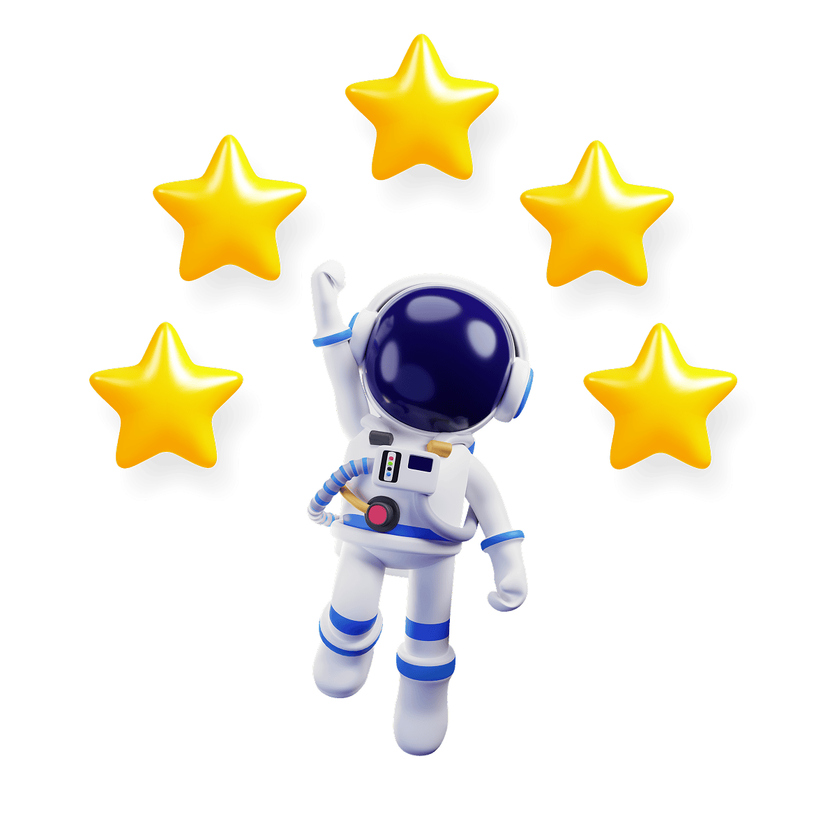 An astronaut surrounded by five stars